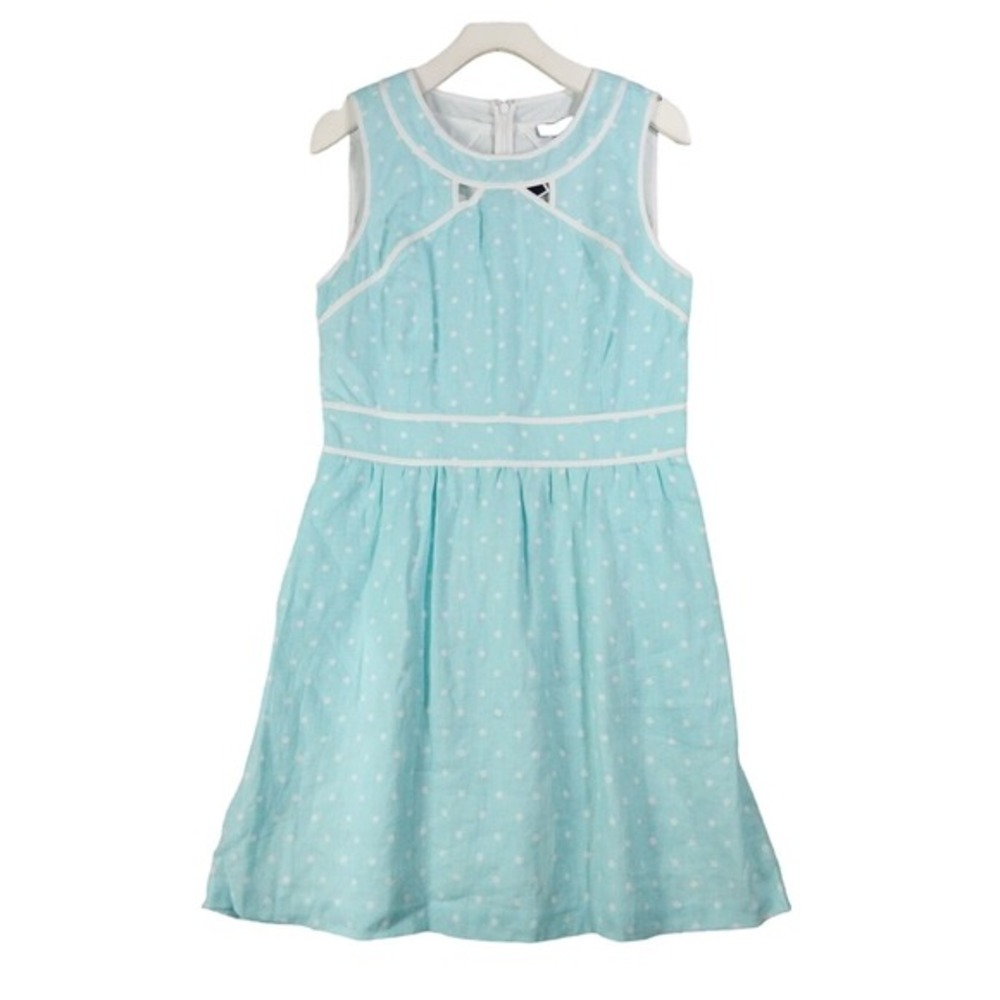 Kaari Blue Girl Preppy Retro Kawaii 100% Linen Polka Dot Fit Flare Dress 12 NEW
